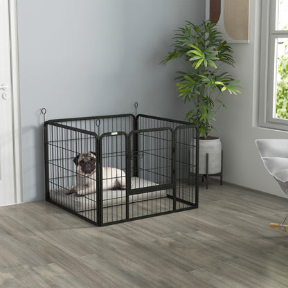Pet Playpen | 4 Heavy-Duty Metal Panels | Lockable Step-Through Door | Ground Stakes | Foldable | Indoor & Outdoor | 82 x 82 x 60cm | Grey