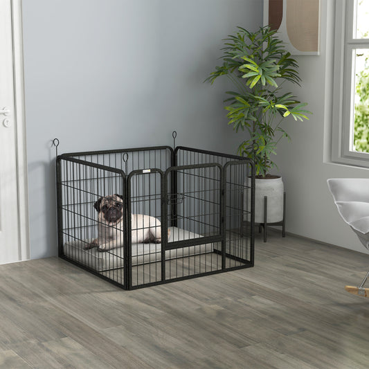 Pet Playpen | 4 Heavy-Duty Metal Panels | Lockable Step-Through Door | Ground Stakes | Foldable | Indoor & Outdoor | 82 x 82 x 60cm | Grey