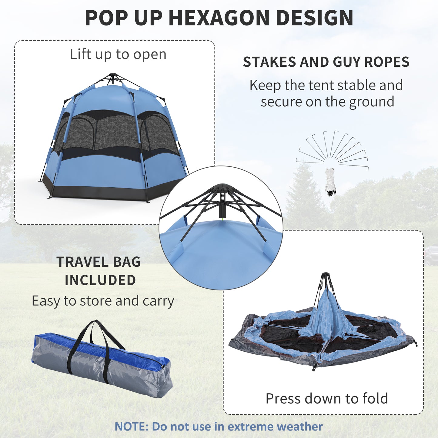 Outsunny Double Layer Dome Tent With Rainfly And Welded Floor 4 Man Hexagon Pop Up Portable Camping Shelter With Carry Bag - Blue and Black