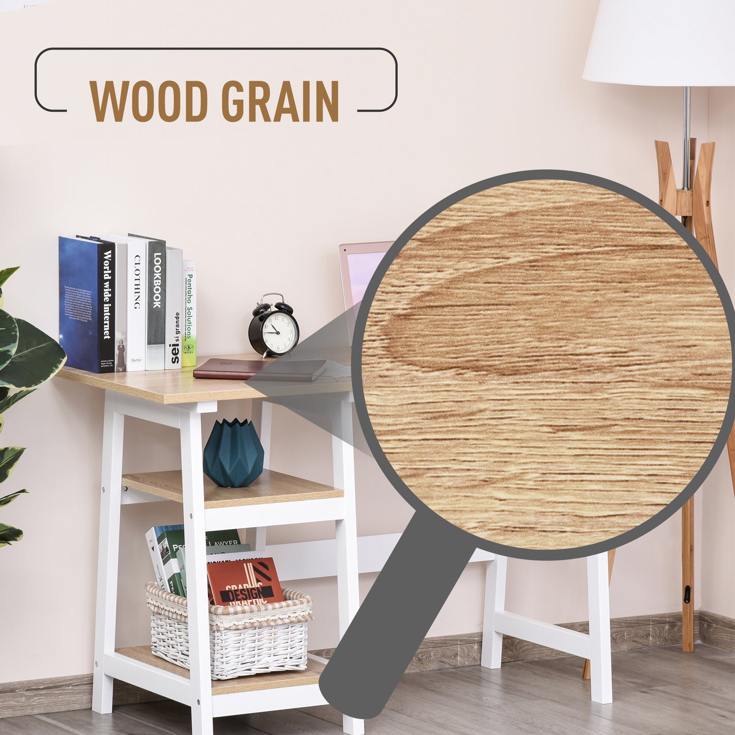 Compact Computer Desk with Storage Shelves Study Table with Bookshelf PC Table Workstation for Home Office Study White and Natural