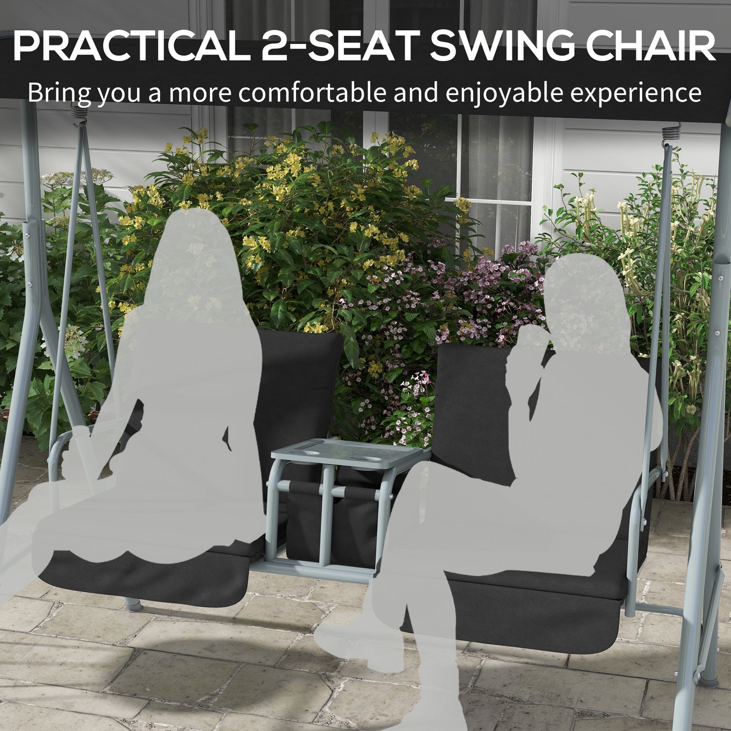 Outsunny 2 Seater Garden Swing Chair Patio Rocking Bench w/ Tilting Canopy, Double Padded Seats, Storage Bag and Tray, Black