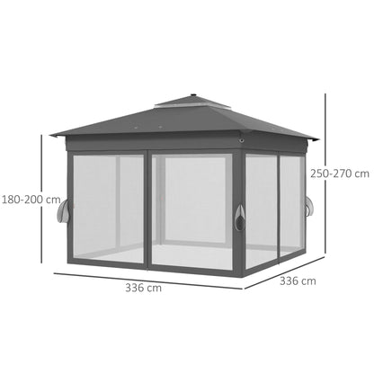 Outsunny 3 x 3(m) Pop Up Gazebo Party Tent with Solar-Powered LED Lights, Adjustable Event Shelter with Curtain, Netting, Grey
