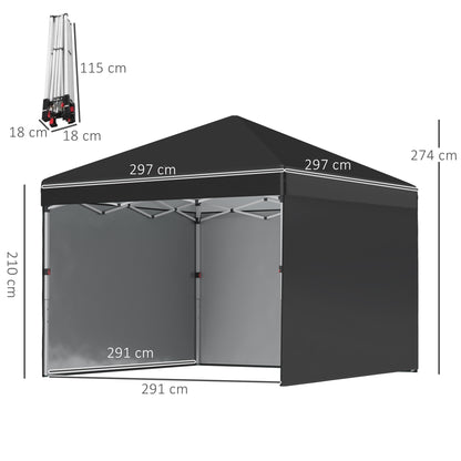 Outsunny 3 x 3 (M) Pop Up Gazebo Event Shelter, Height Adjustable Party Tent with 2 Sidewalls, Weight Bags and Wheeled Bag