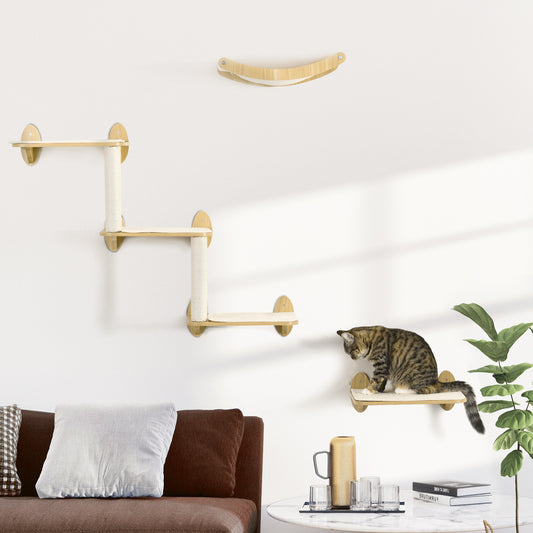 PawHut 3 Piece Wall Mounted Cats Shelves, Cat Climbing Shelf Set, Kitten Activity Center with Jumping Platforms Hammock Scratching Post, Oak