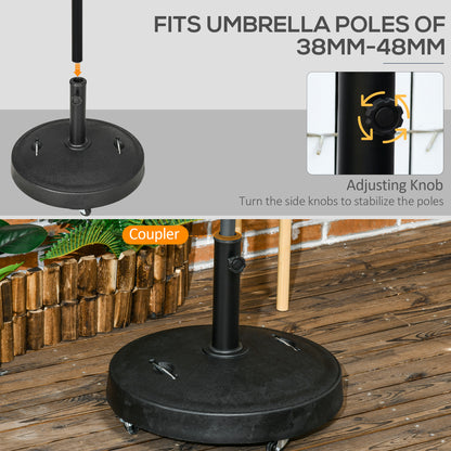 Outsunny Resin Garden Parasol Base with Wheels and Retractable Handles, Round Outdoor Market Umbrella Stand Weight for Poles of Φ38 - Φ48mm, Black
