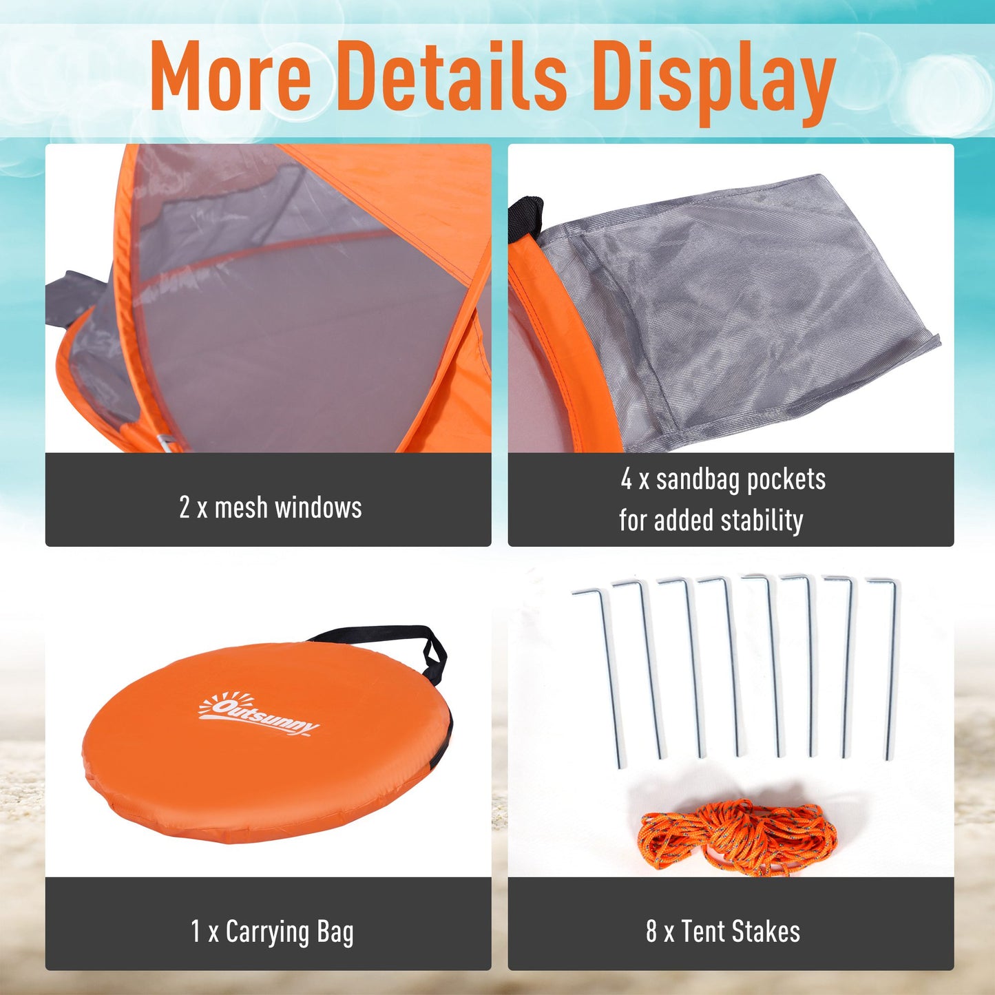 Outsunny 1-2 Person Pop up Beach Tent Hiking UV 30+ Protection Patio Sun Shelter Portable Automatic - Orange