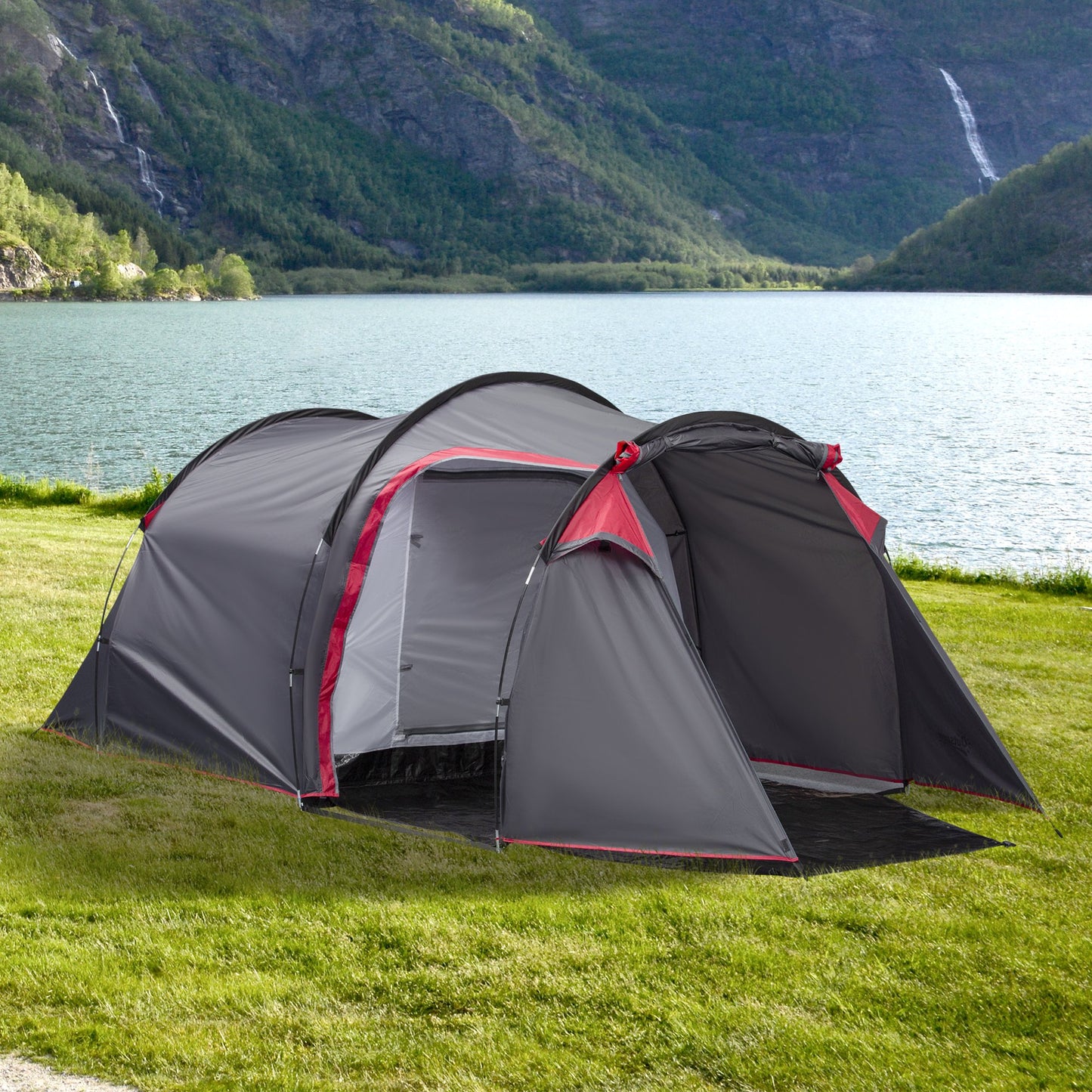 Outsunny Camping Dome Tent 2 Room for 3-4 Person with Weatherproof Screen Room Vestibule Backpacking Tent Lightweight for Fishing & Hiking Dark Grey