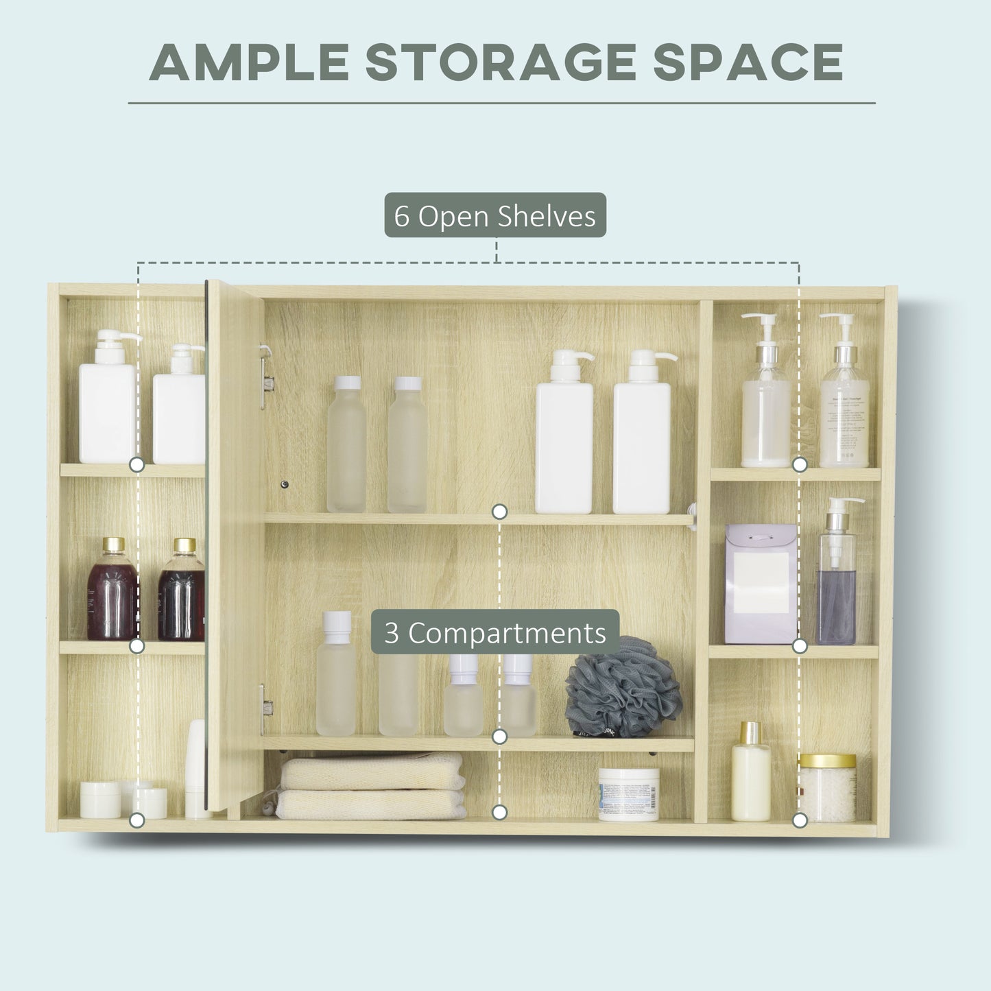 Kleankin LED Bathroom Mirror Cabinet, Wall Mounted Dimmable Medicine Cabinet with Adjustable Shelf and Mirrored Door, Natural