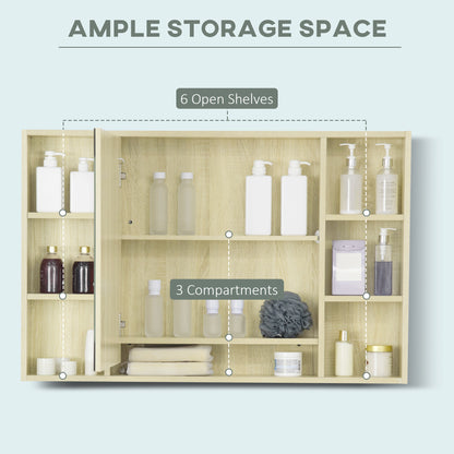 Kleankin LED Bathroom Mirror Cabinet, Wall Mounted Dimmable Medicine Cabinet with Adjustable Shelf and Mirrored Door, Natural