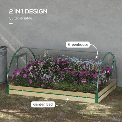 Outsunny Raised Bed with Greenhouse, Wooden Garden Planter Box with PVC Cover, Roll Up Windows, Dual Use for Vegetables, Plants, Natural Wood Effect