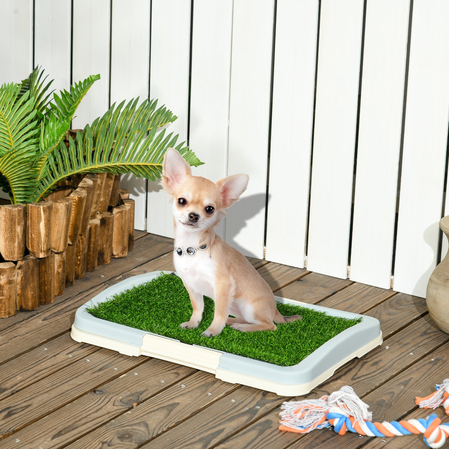 Indoor Puppy Training Toilet | 3-Layer Design | Artificial Grass Pad | Grid Panel & Tray | Anti-Slip Pads | Portable | Suits Dogs Up to 25cm Body Length | 46.5x34x5.5cm | Green