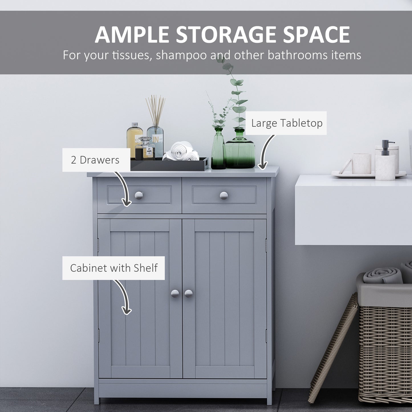 Kleankin Bathroom Storage Cabinet Free-Standing Bathroom Cabinet Unit w/ 2 Drawers Cupboard Adjustable Shelf Handles Traditional Style 75x60cm Grey