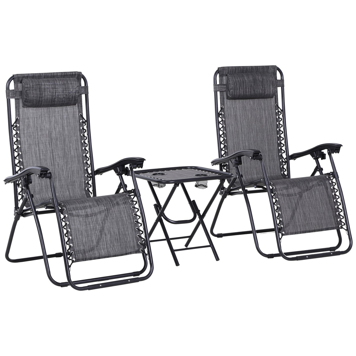 Outsunny 3 Piece Folding Zero Gravity Chairs Sun Lounger Table Set w/ Cup Holders Reclining Garden Yard Pool, Light Grey