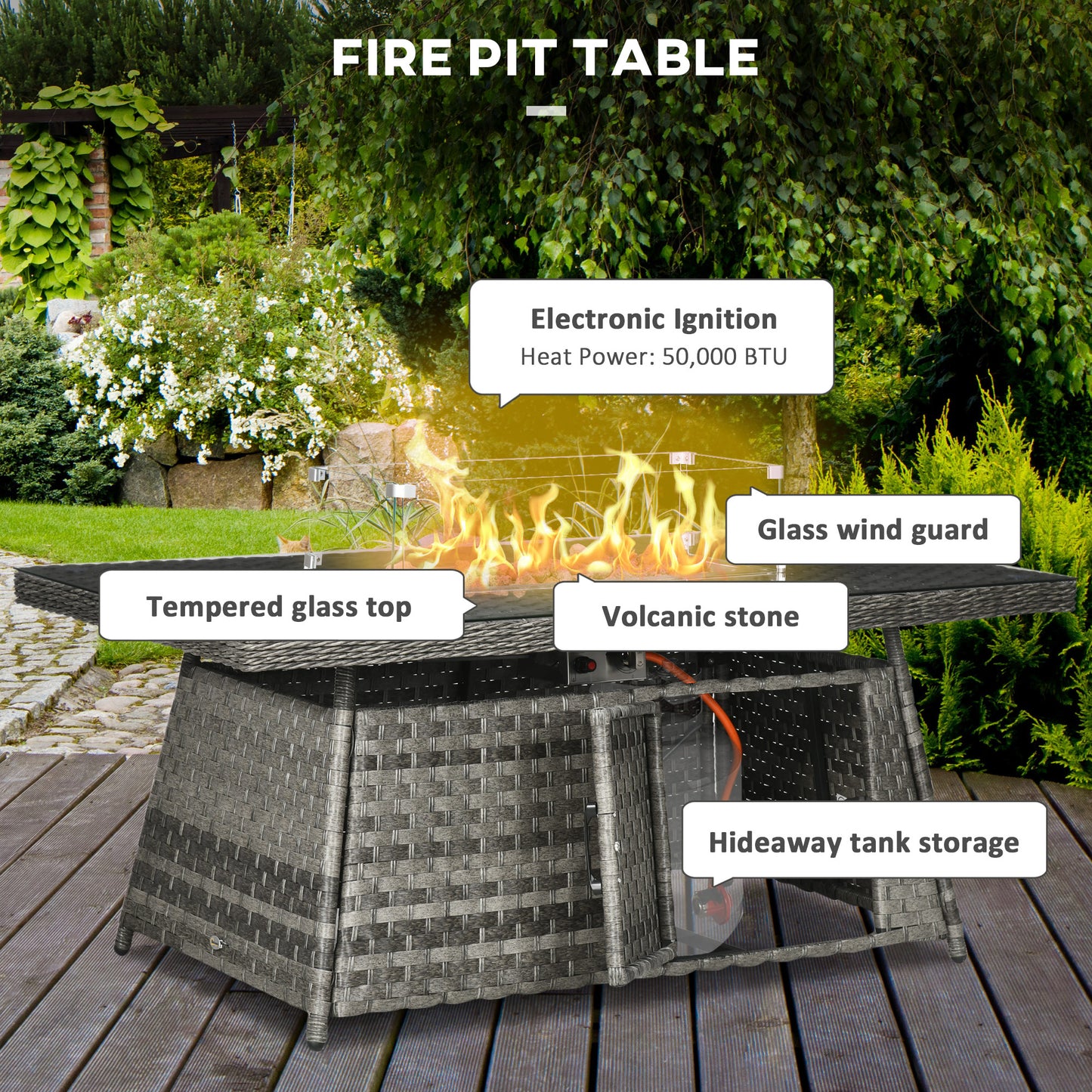 Outsunny 9-Seater PE Rattan Garden Furniture Set, 50,000 BTU Gas Fire Pit Table, Double Corner Sofa, 3 Footstools, Grey