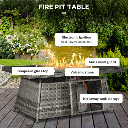Outsunny 9-Seater PE Rattan Garden Furniture Set, 50,000 BTU Gas Fire Pit Table, Double Corner Sofa, 3 Footstools, Grey