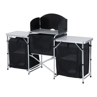 Outsunny Folding Camping Kitchen Cooking Table With Windscreen, Enclosed Cupboards, Aluminium Frame for BBQ, Party, Picnic