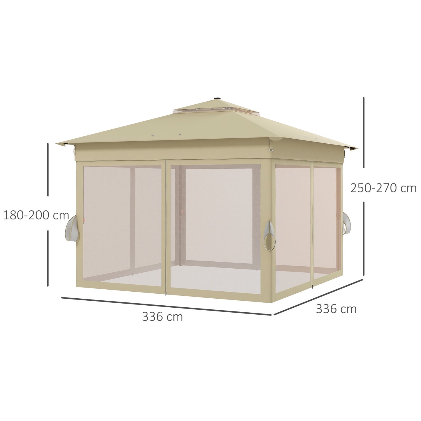 Outsunny 3 x 3(m) Pop Up Gazebo Party Tent with Solar-Powered LED Lights, Adjustable Event Shelter with Curtain, Netting, Khaki