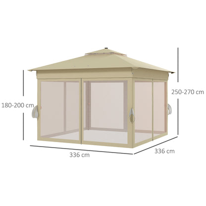 Outsunny 3 x 3(m) Pop Up Gazebo Party Tent with Solar-Powered LED Lights, Adjustable Event Shelter with Curtain, Netting, Khaki