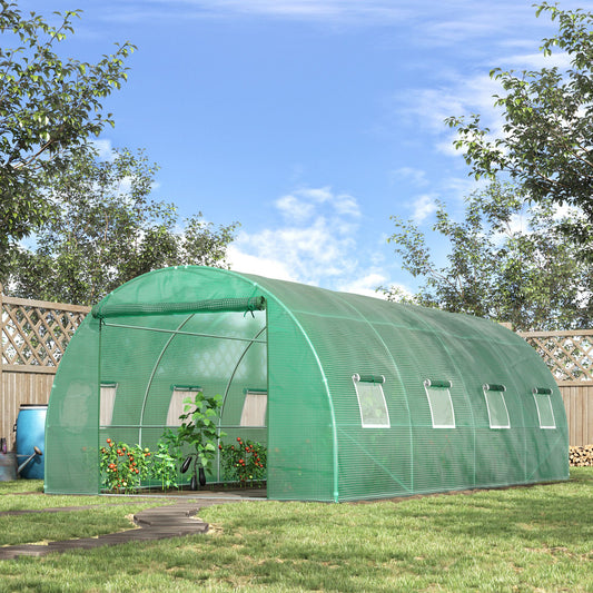 Outsunny 6 x 3 m Large Walk-In Greenhouse Garden Polytunnel Greenhouse with Steel Frame, Zippered Door and Roll Up Windows, Green