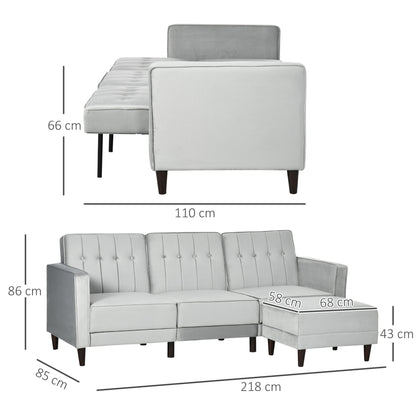 L Shape Sofa Bed Set with 3-Seater Sofa and Footstool, Corner Sofa Bed with Ottoman, Light Grey