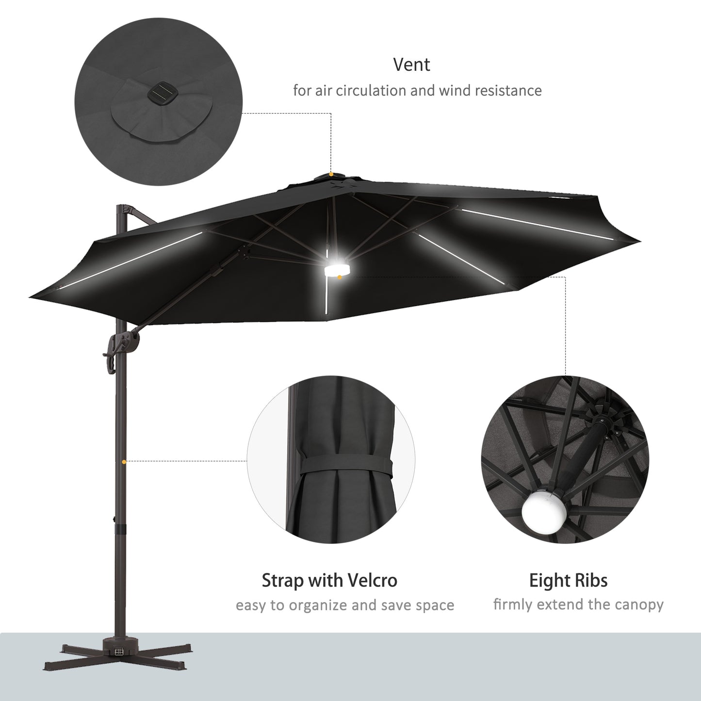 Outsunny 3(m) LED Cantilever Parasol Outdoor Sun Umbrella w/ Base Solar Lights Dark Grey