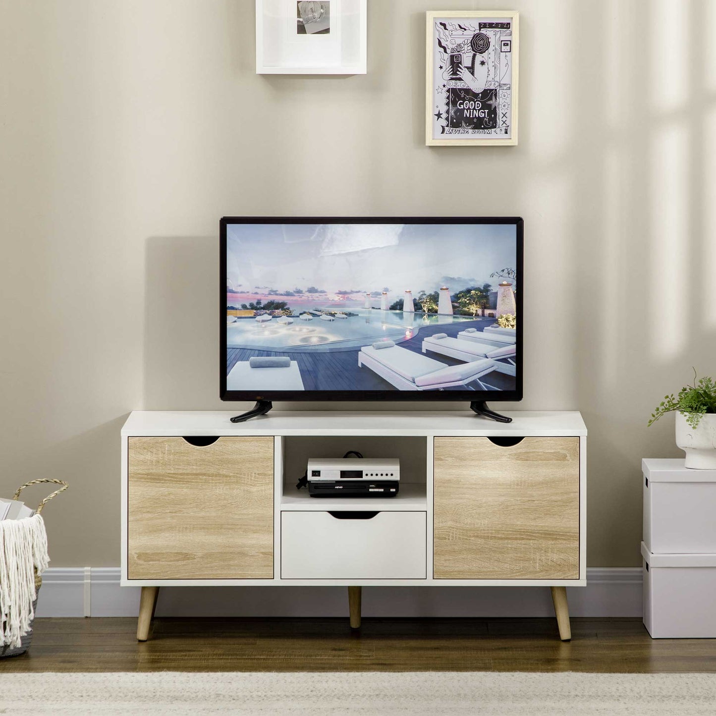 TV Unit Cabinet for TVs up to 50 Inches, TV Stand with Storage Cabinets and Drawer for Living Room and Bedroom, Natural