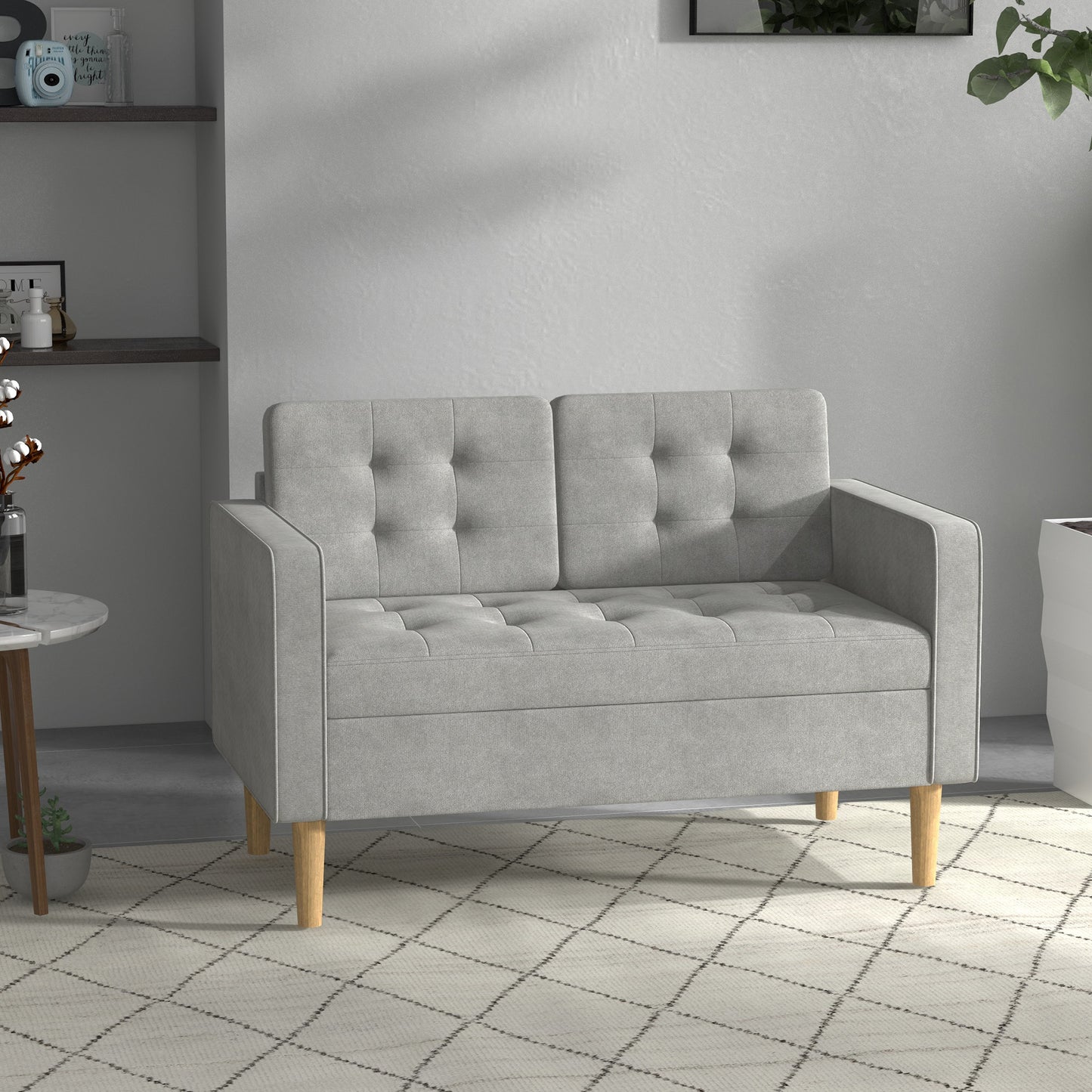 Modern 2 Seater Sofa with Hidden Storage, 117cm Tufted Cotton Couch, Compact Loveseat Sofa with Wood Legs, Light Grey