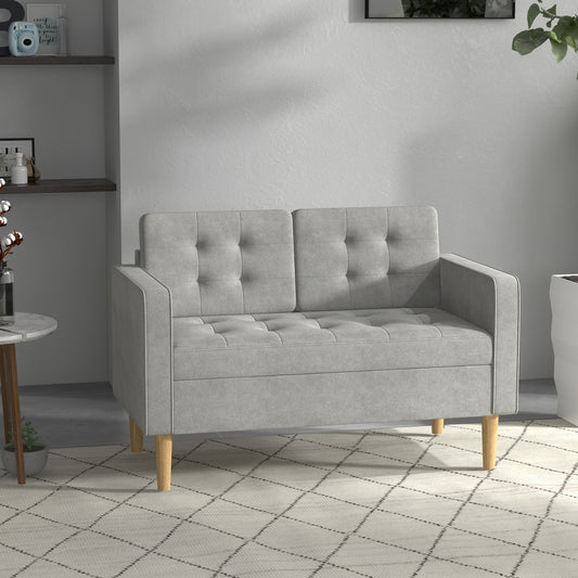 Modern 2 Seater Sofa with Hidden Storage, 117cm Tufted Cotton Couch, Compact Loveseat Sofa with Wood Legs, Light Grey