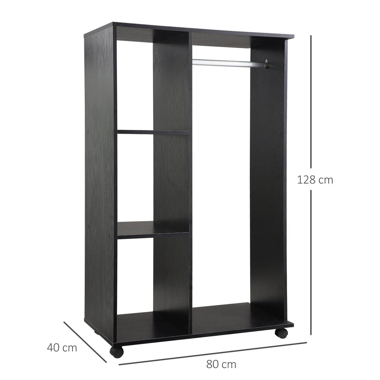 Open Wardrobe With Hanging Rail, Storage Shelves And Wheels Bedroom - Black