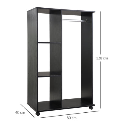 Open Wardrobe With Hanging Rail, Storage Shelves And Wheels Bedroom - Black