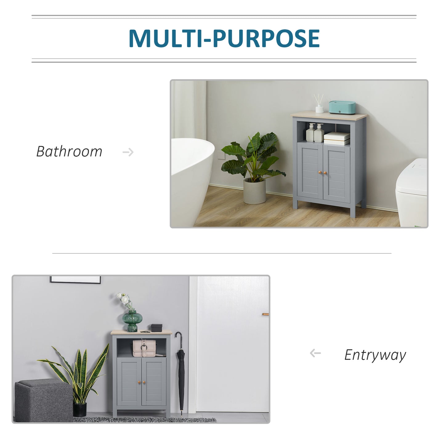 Kleankin Bathroom Floor Storage Cabinet Free Standing Unit with Compartment Adjustable Shelf Double-door Design, Free Standing Organizer, Grey