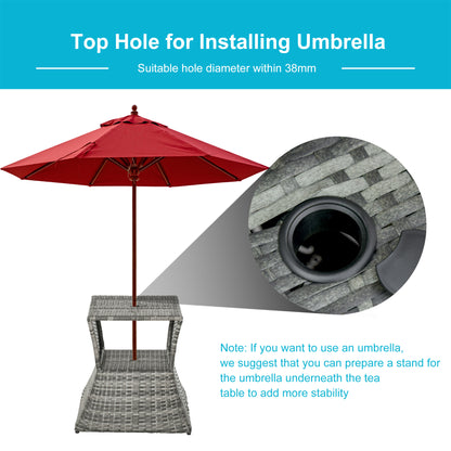 Outsunny Outdoor Patio Rattan Wicker Coffee Table Bistro Side Table w/ Umbrella Hole and Storage Space, Grey