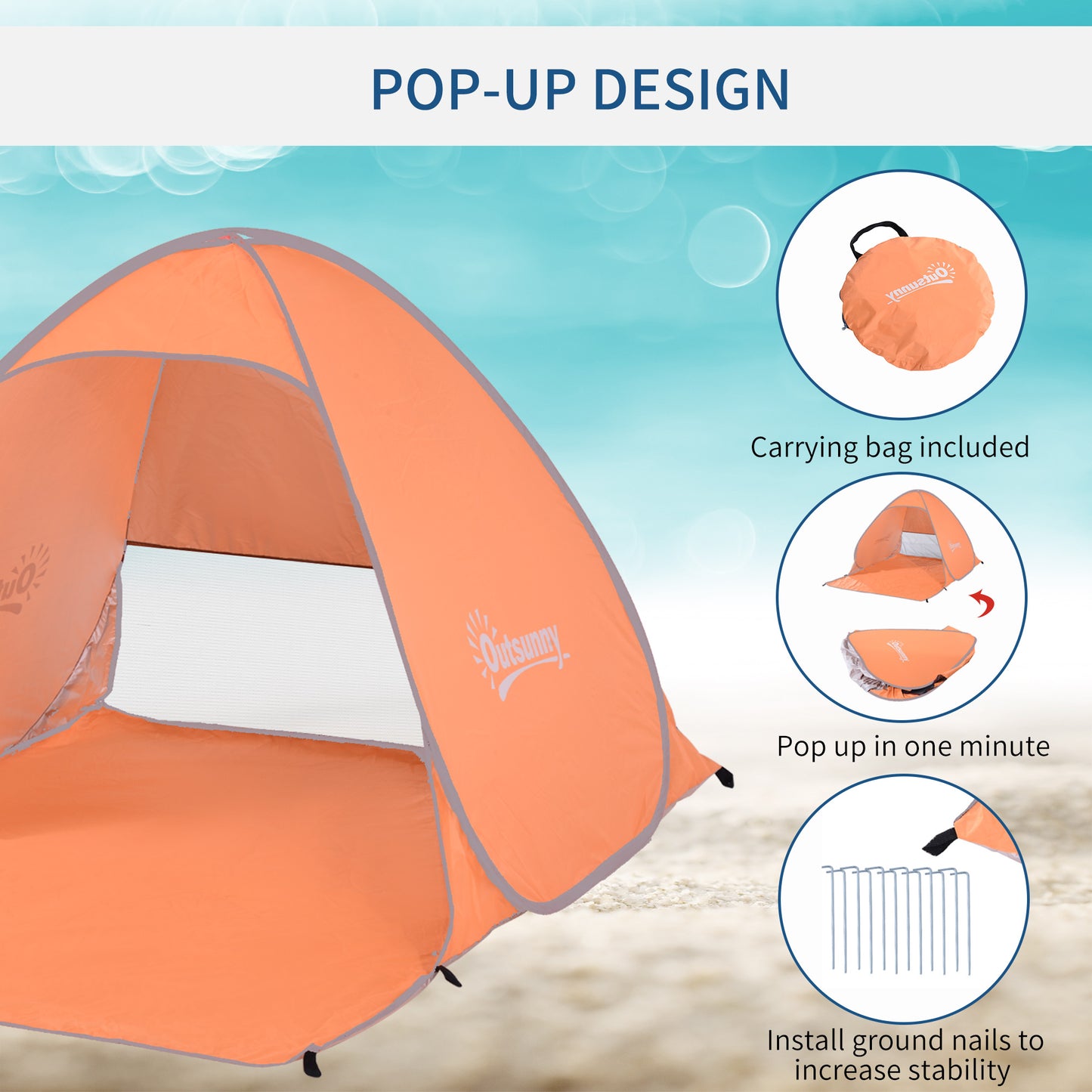 Outsunny Pop-up Portable Beach Tent Hiking UV Protection Patio Sun Shade Shelter Tent of 2 Person-Orange