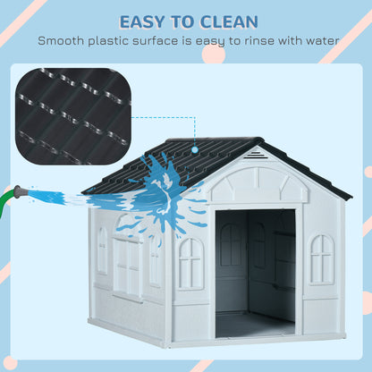 Plastic Dog Kennel House | Weatherproof | Slanted Roof | Cottage Windows | No-Tool Assembly | Medium Dogs up to 20kg | 65 x 75.7 x 63cm | Grey