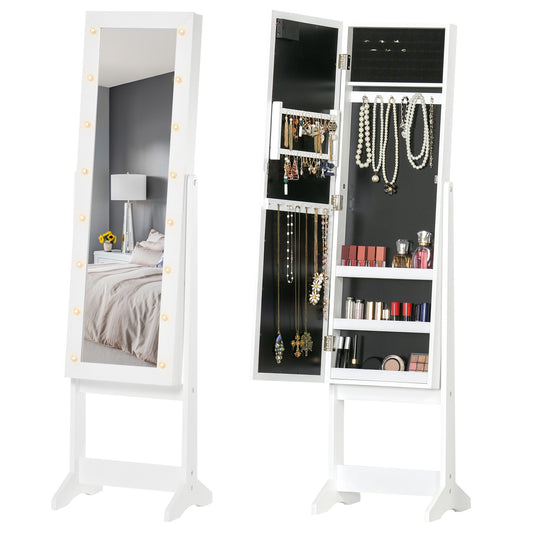 Full Body Mirrored Jewellery Cabinet W/ LED Light W/ 3 Angle Adjustable For Rings Earrings Bracelets Cosmetics Warm White