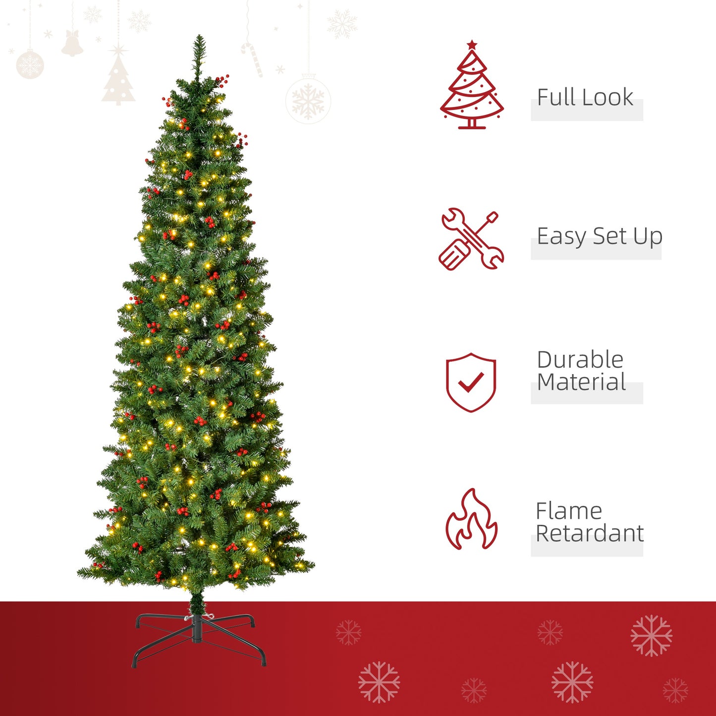 7FT Prelit Artificial Pencil Christmas Tree with Warm White LED Light, Red Berry, Holiday Home Xmas Decoration, Green