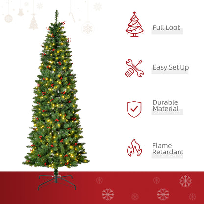 7FT Prelit Artificial Pencil Christmas Tree with Warm White LED Light, Red Berry, Holiday Home Xmas Decoration, Green