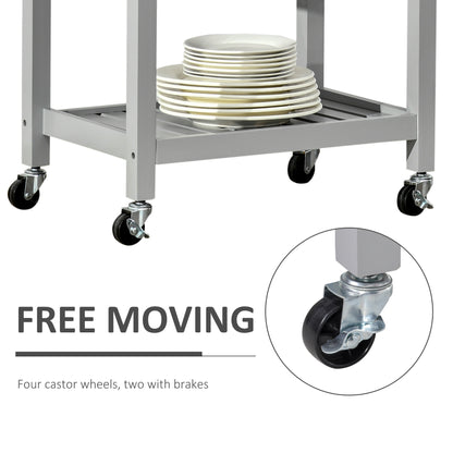 Kitchen Trolley Utility Cart on Wheels with Rubberwood Worktop, Towel Rack, Storage Shelves & Drawer for Dining Room, Grey