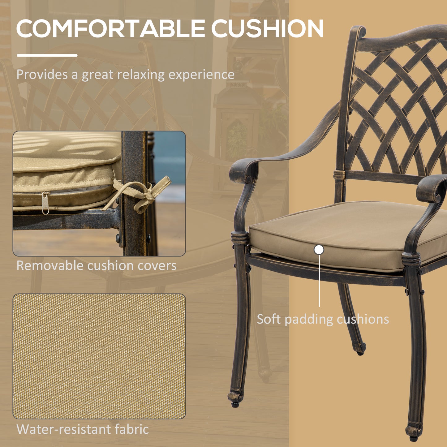 Outsunny 6-Seater Patio Dining Set with Umbrella Hole, Cast Aluminum Patio Furniture Set with Six Cushioned Chairs and Rectangle Dining Table, Bronze