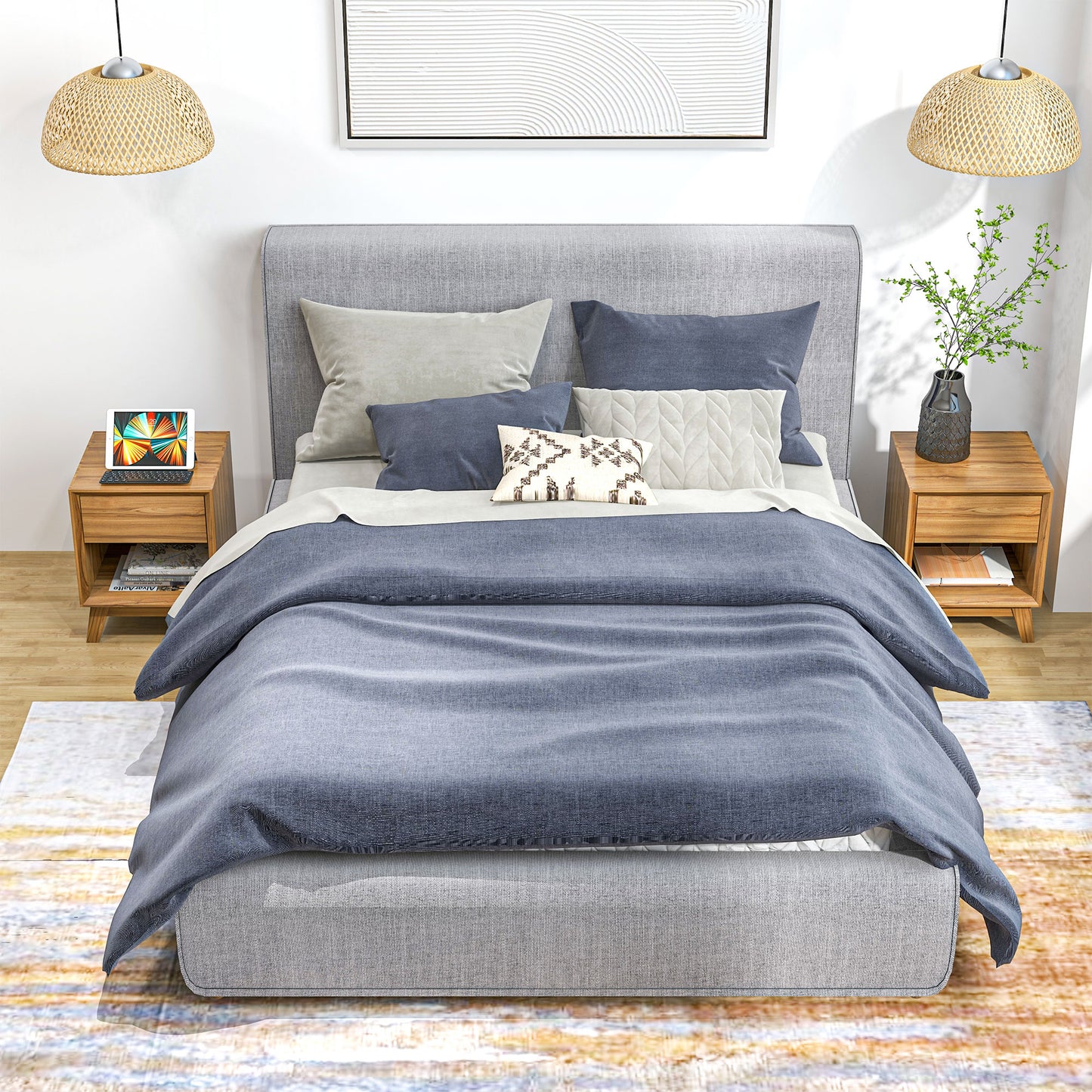 Modern Bedside Table Nightstand, Living Room End Table, Side Table with Drawer and Shelf, Set of 2, Walnut Brown