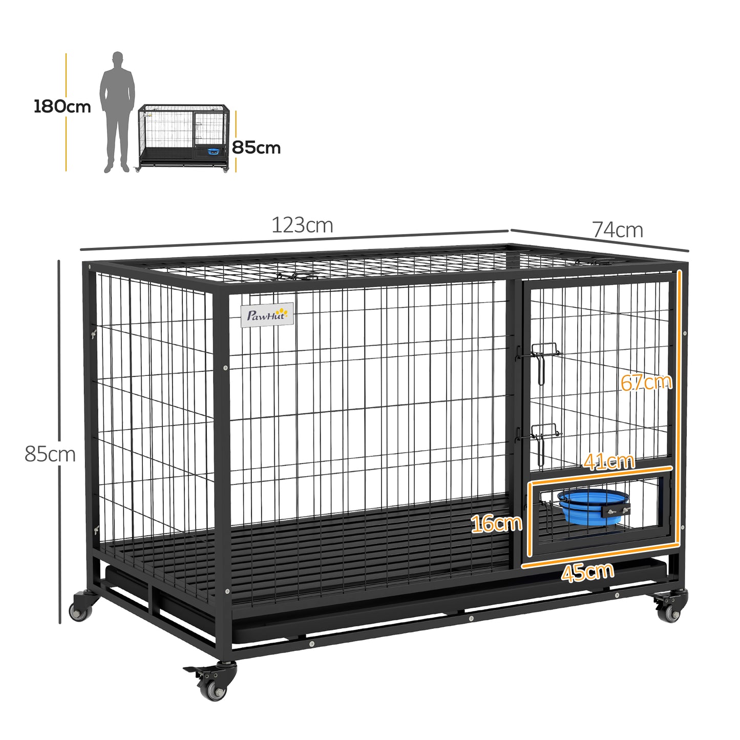PawHut 48" Heavy Duty Dog Crate on Wheels w/ Bowl Holder, Removable Tray, Detachable Top, Double Doors for L, XL Dogs