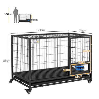 PawHut 48" Heavy Duty Dog Crate on Wheels w/ Bowl Holder, Removable Tray, Detachable Top, Double Doors for L, XL Dogs