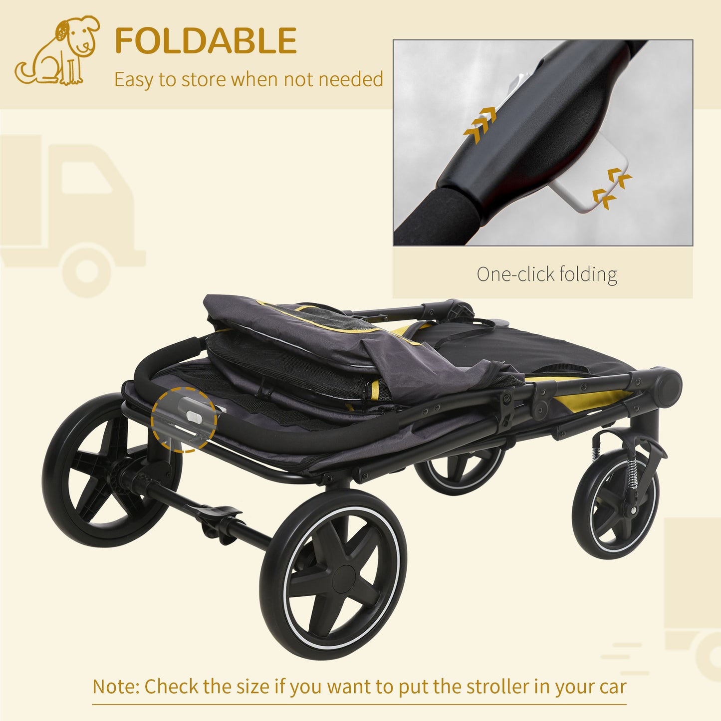 PawHut One-Click Foldable Pet Travel Stroller with Rain Cover, Cat Dog Pushchair with Front Wheels, Shock Absorber, Storage Bags, Mesh
