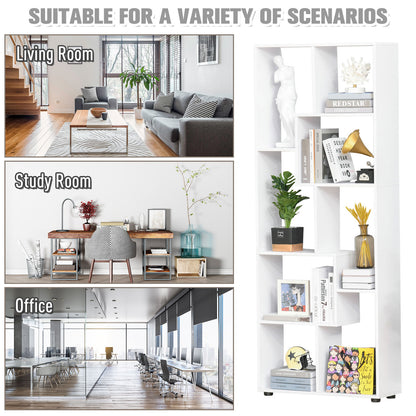 8-Tier Freestanding Bookcase w/ Melamine Surface Anti-Tipping Foot Pads Home Display Storage Grid Stand Modern Style - White