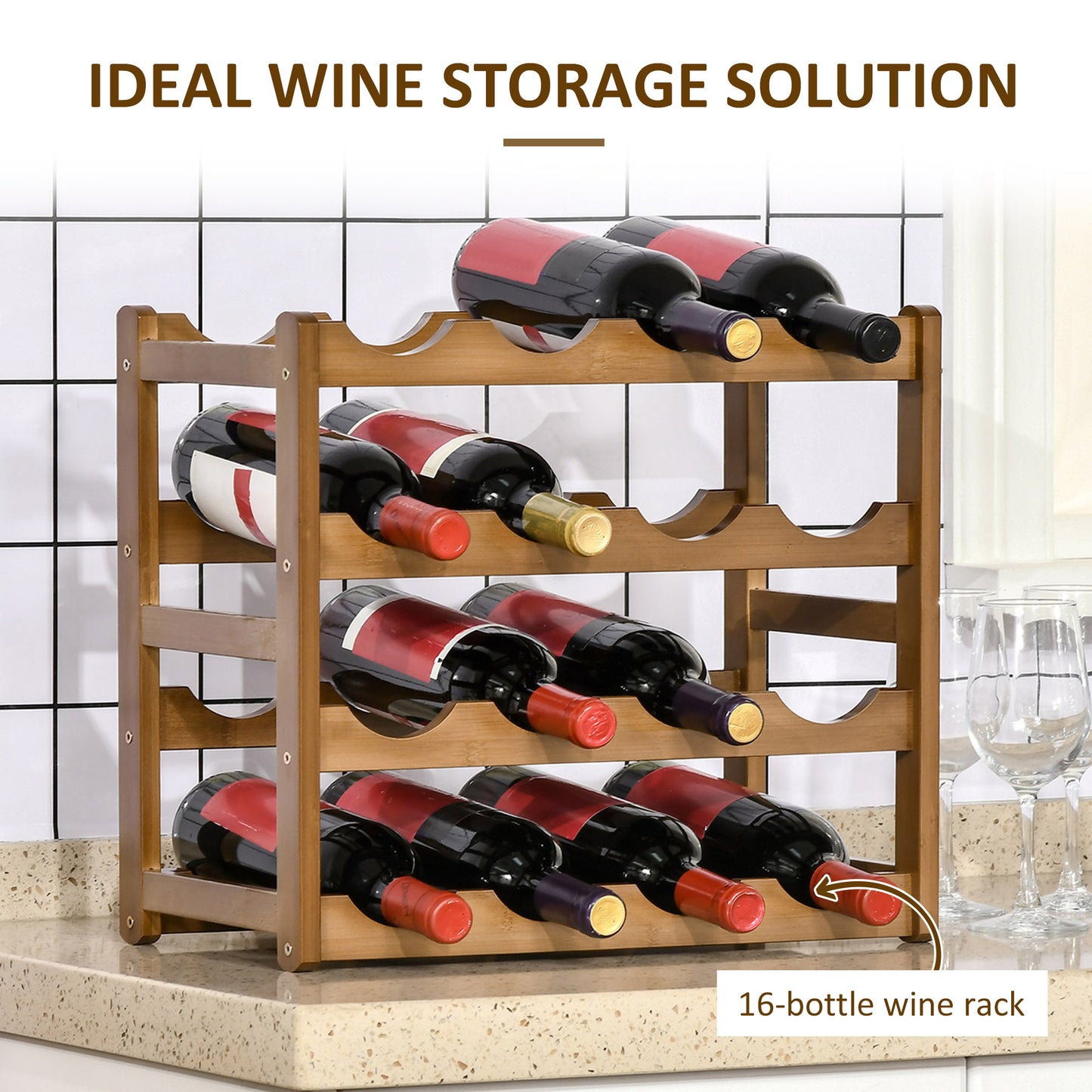 Free Standing Bamboo Wine Rack with 16 Bottles Holder, 4-tier Water Bottle Organizer, Display Shelf for Countertop, Home Bar, Brown