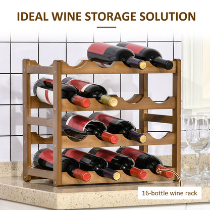 Free Standing Bamboo Wine Rack with 16 Bottles Holder, 4-tier Water Bottle Organizer, Display Shelf for Countertop, Home Bar, Brown