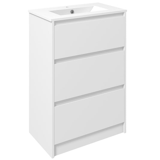 Kleankin 600mm Bathroom Vanity Unit with Basin and Single Tap Hole, High Gloss White Floor Standing Bathroom Sink Unit with 2 Drawers