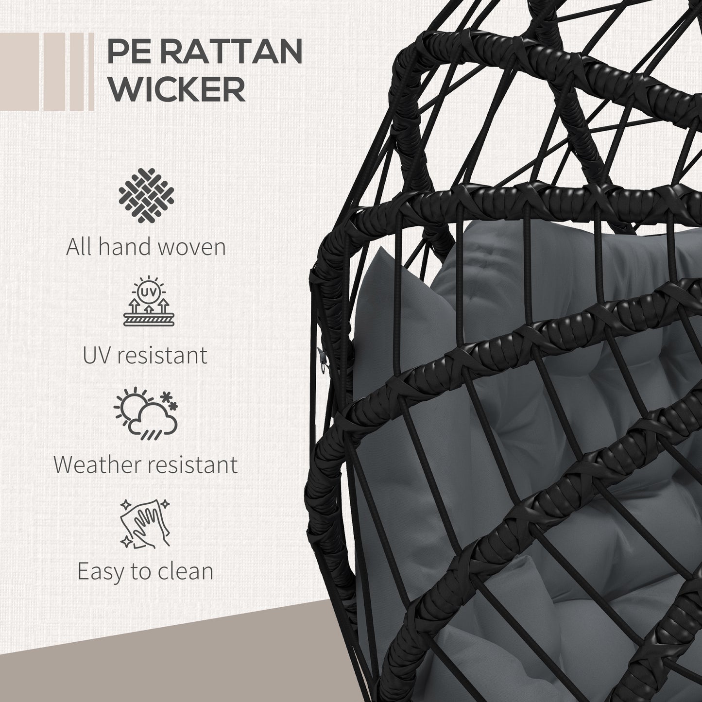 Outdoor PE Rattan Double-seater Swing Chair With Thick Padded Cushion, Patio Hanging For Two With Metal Stand  Headrest For Indoor and Outdoor, Black