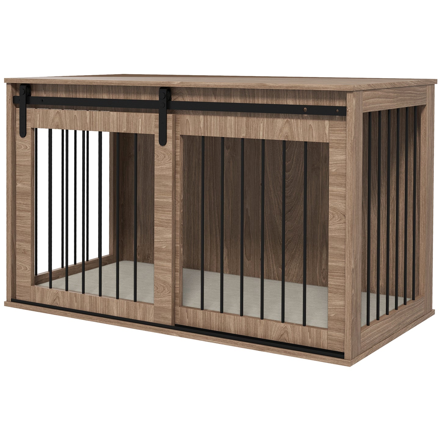Dog Crate Furniture Side Table | Barn Door | Removable Washable Cushion | 3-Sided Ventilation | Large Dogs up to 30kg | 100 x 60 x 63cm | Brown