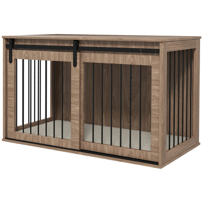 Dog Crate Furniture Side Table | Barn Door | Removable Washable Cushion | 3-Sided Ventilation | Large Dogs up to 30kg | 100 x 60 x 63cm | Brown